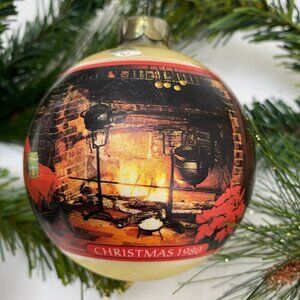 VINTAGE HALLMARK ORNAMENT Fireplace Scene Ornament Glass Ball 1980 Estate Find